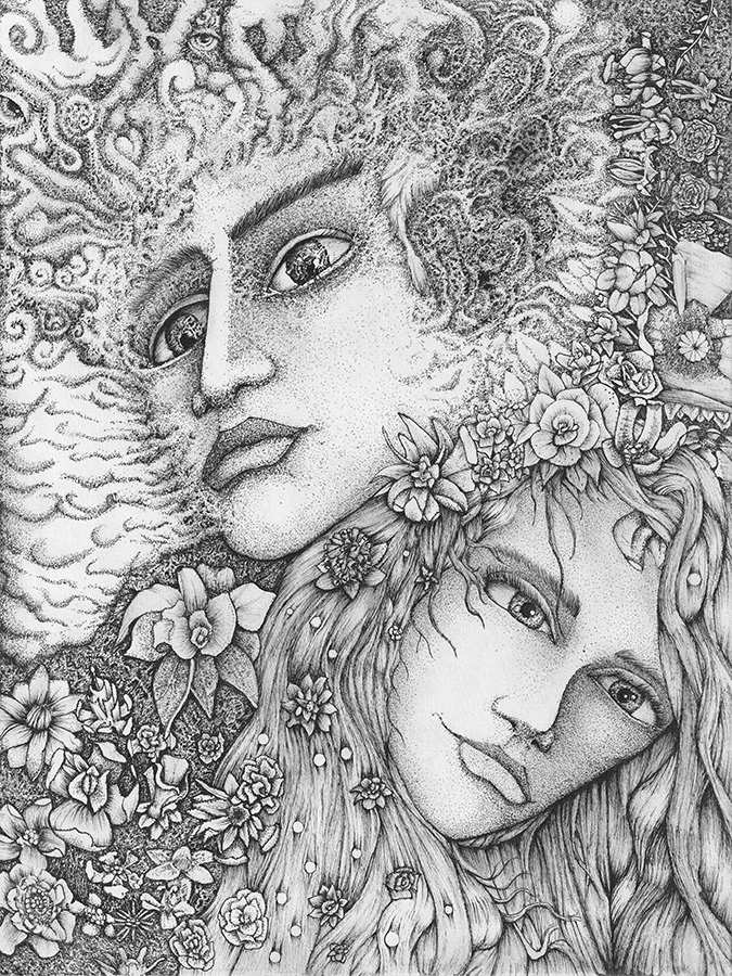 A detailed ink drawing of Lunareth and Avenith of the Loomsman Myth. 